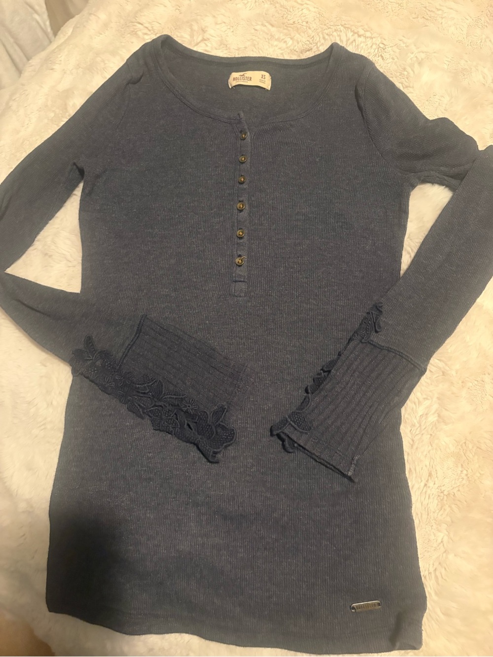 Hollister Blue Ribbed Henley Top with Button Placket